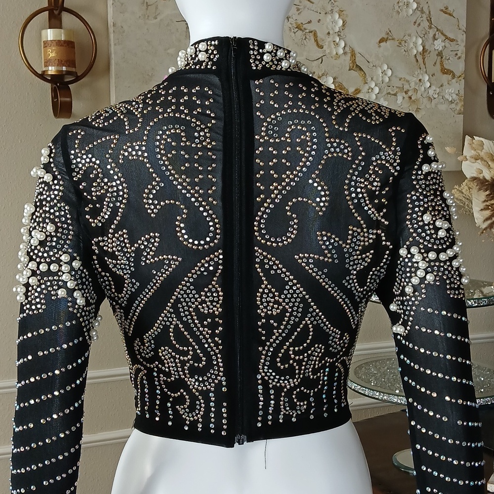 Banjul Black Beaded Long-Sleeve Crop Sheer Cocktail Mock Neck Top. Size M - Picture 9 of 17